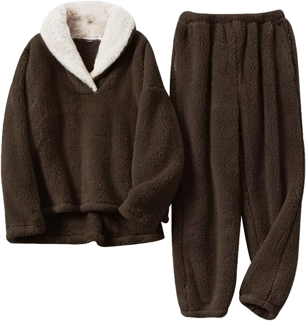 Women's Fluffy Loungewear Sleepwear Lounge Casual Pajamas Sets Loose Long Sleeve Fleece Pullover and Pants Set