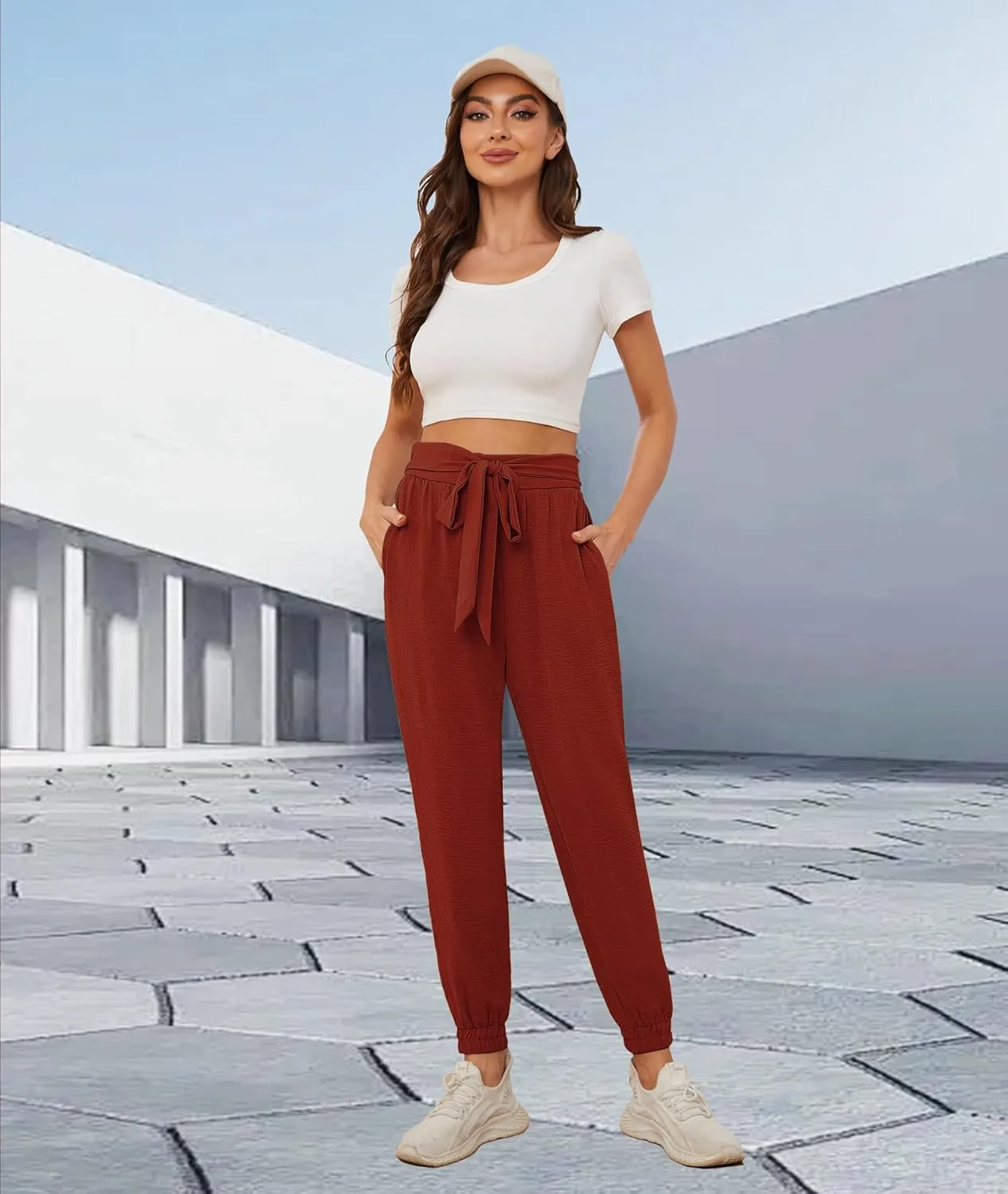 Womens High Waist Dressy Joggers Bow-Knot Loose Business Casual Pants for Work Tapered Trousers with Pockets
