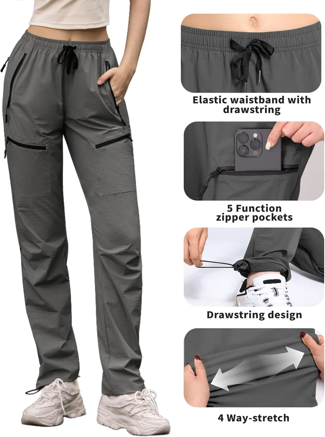 Womens Hiking Pants Quick Dry Tall Insteam 30"/32"/34"/36" Cargo Joggers Lightweight Breathable Pants with 5 Pockets