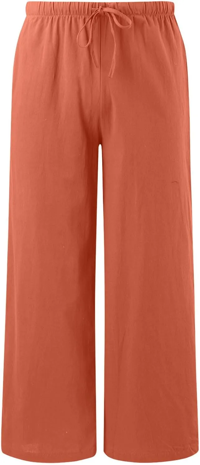 Women's Linen Palazzo Pants Summer Casual Vacation High Waist Wide Leg Trousers Trendy Pant with Pockets