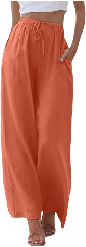 Women's Linen Palazzo Pants Summer Casual Vacation High Waist Wide Leg Trousers Trendy Pant with Pockets