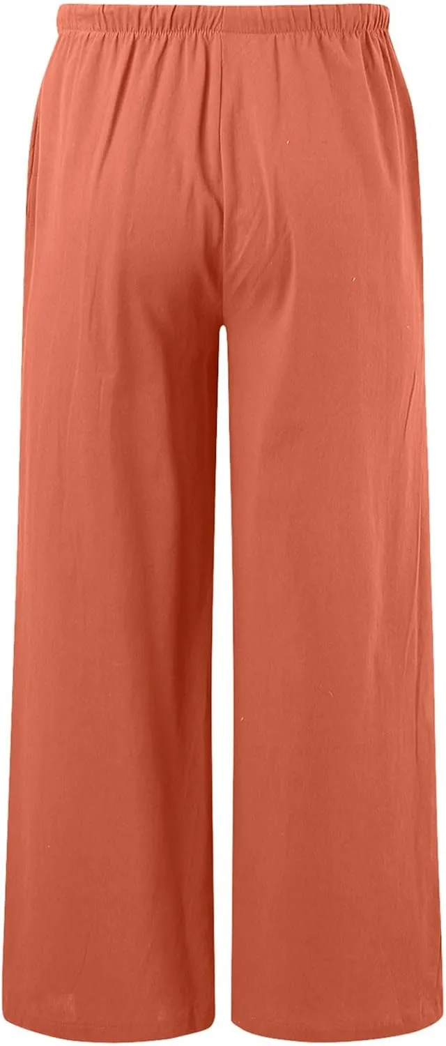 Women's Linen Palazzo Pants Summer Casual Vacation High Waist Wide Leg Trousers Trendy Pant with Pockets