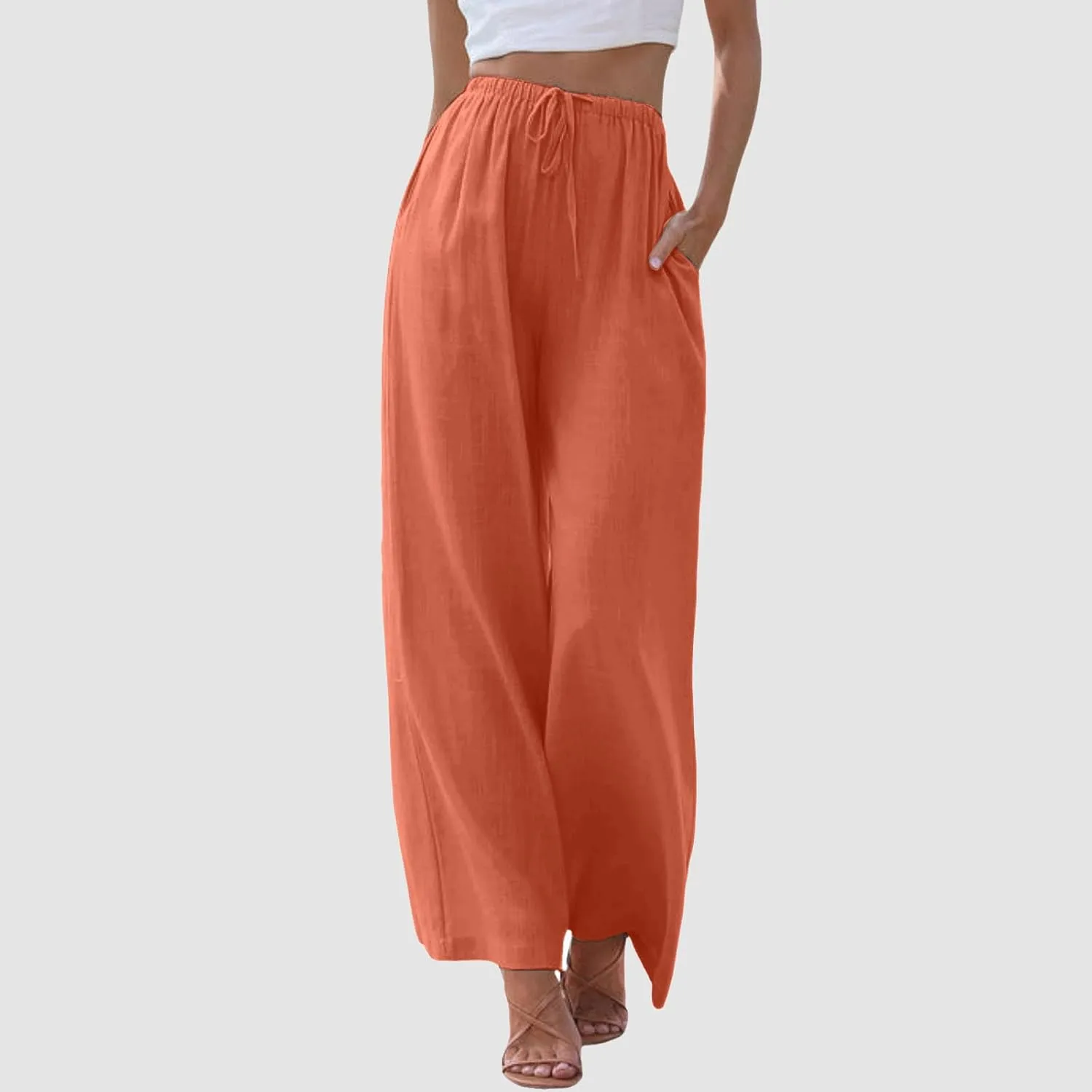 Women's Linen Palazzo Pants Summer Casual Vacation High Waist Wide Leg Trousers Trendy Pant with Pockets