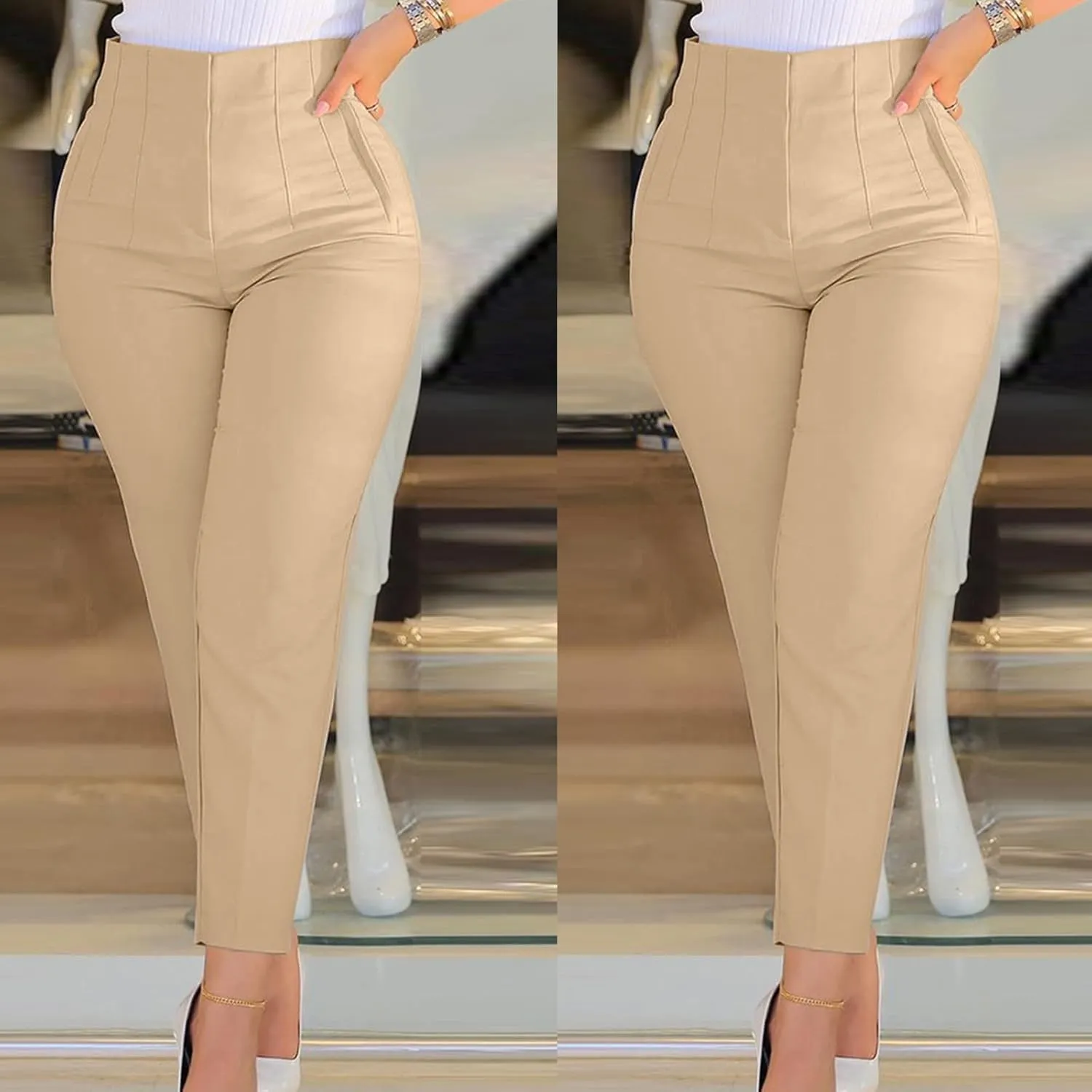 Women's Linen Summer Fashion Palazzo Pants High Waist Stretchy Straight Loose Fit Palazzo Pants Travel