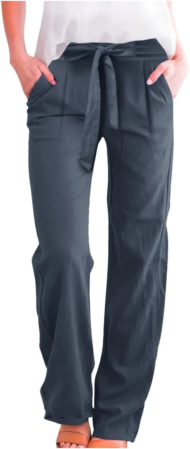 Women's Linen Summer Loose Pants Elastic Waist Long Lounge Slim-Fit Trouser Business Work