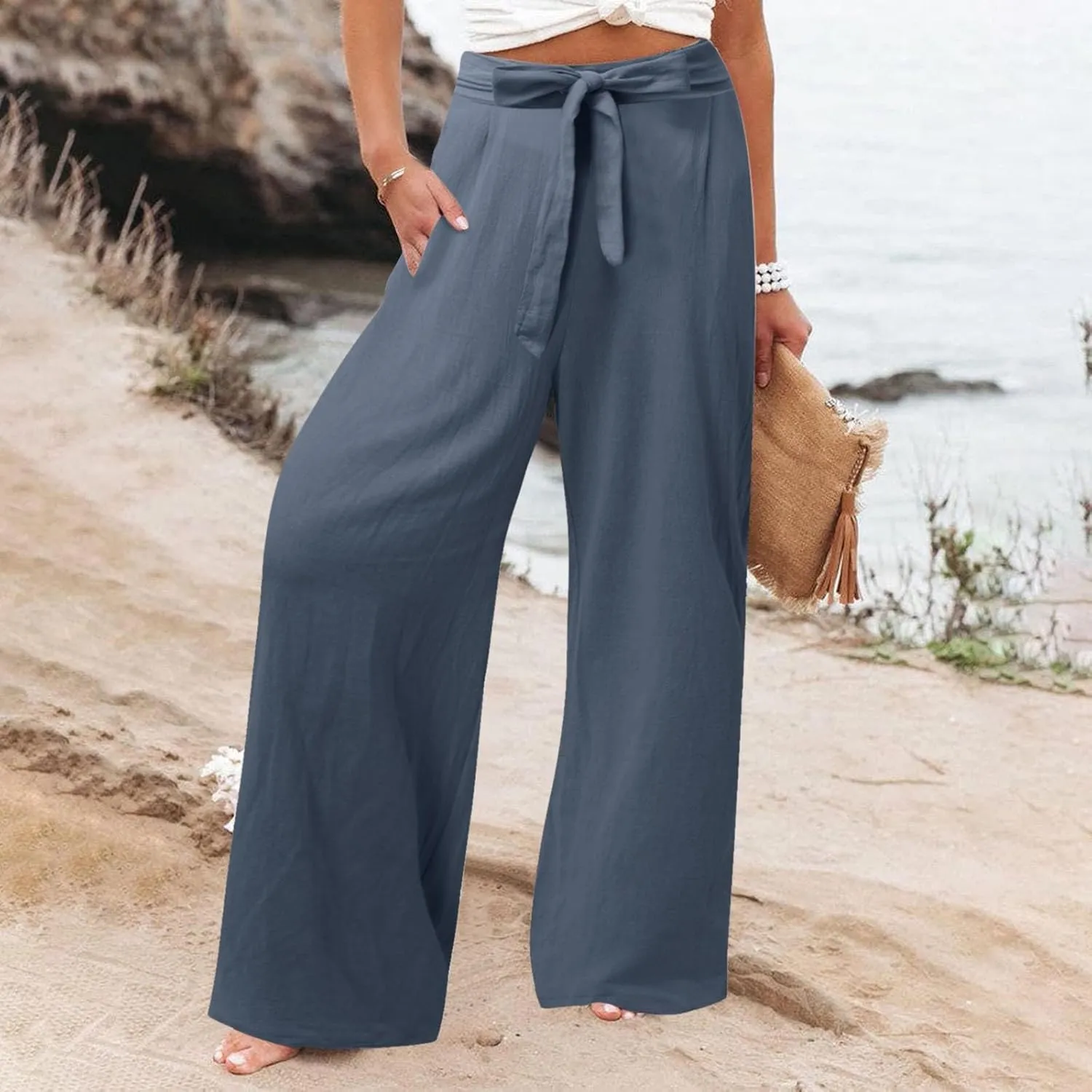 Women's Linen Summer Loose Pants Elastic Waist Long Lounge Slim-Fit Trouser Business Work