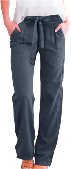 Women's Linen Summer Loose Pants Elastic Waist Long Lounge Slim-Fit Trouser Business Work