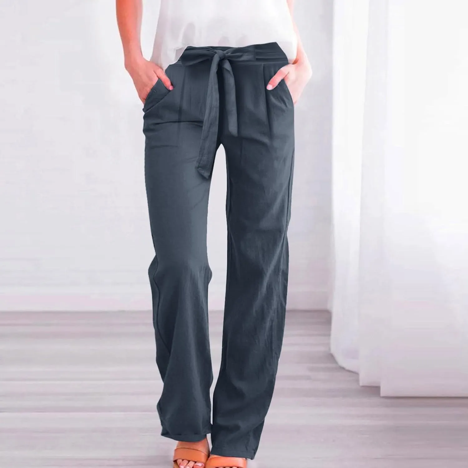 Women's Linen Summer Loose Pants Elastic Waist Long Lounge Slim-Fit Trouser Business Work