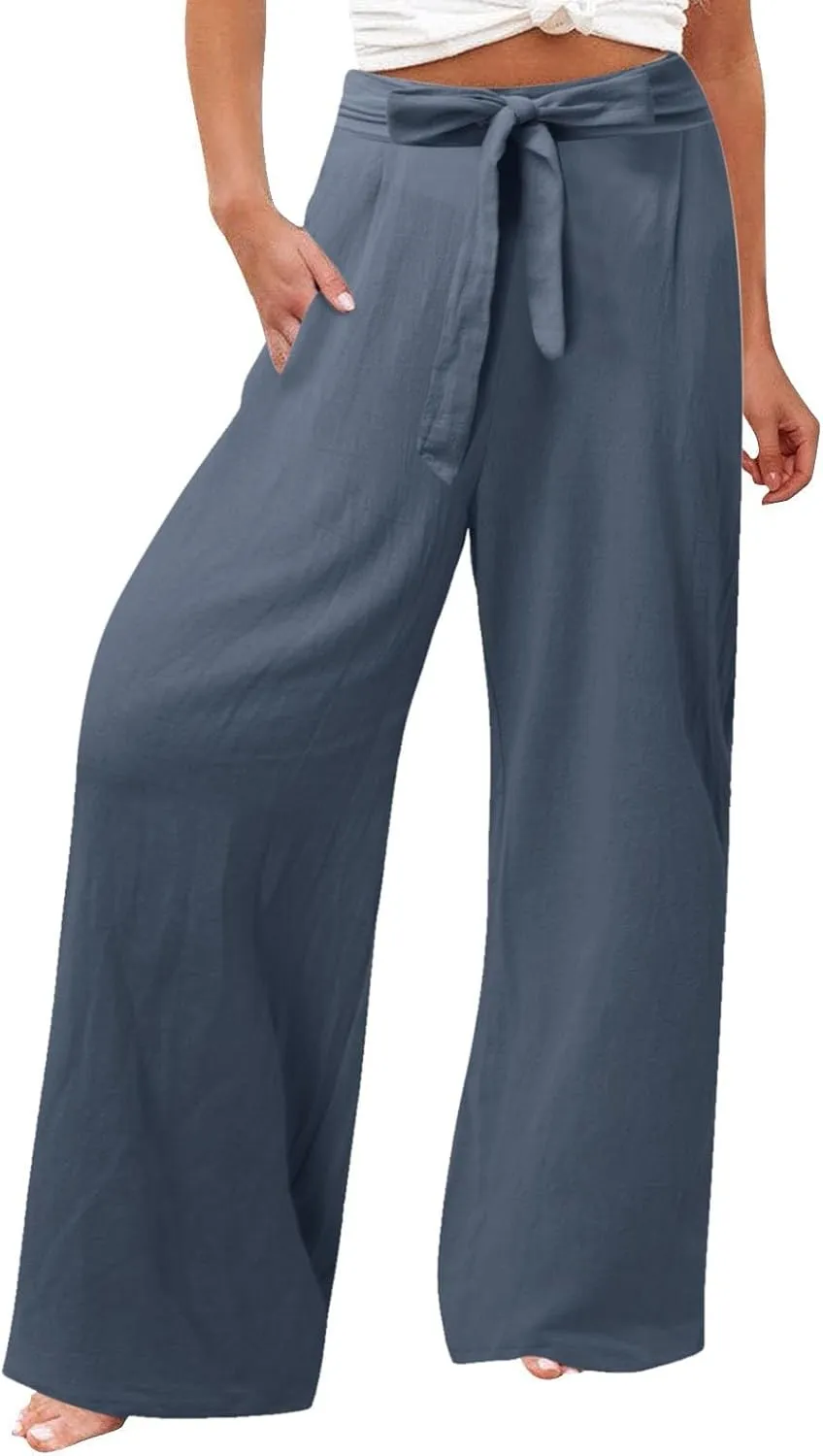 Women's Linen Summer Loose Pants Elastic Waist Long Lounge Slim-Fit Trouser Business Work