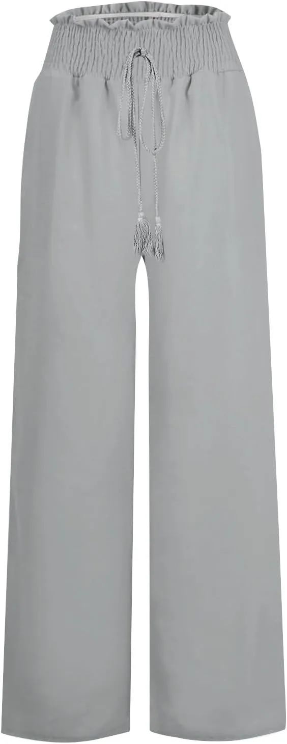 Womens Linen Summer Split Flowy Palazzo Lounge Pants Elastic Waist Bootcut Loose Fit Palazzo Pants Work Business