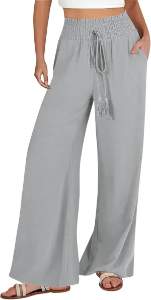 Womens Linen Summer Split Flowy Palazzo Lounge Pants Elastic Waist Bootcut Loose Fit Palazzo Pants Work Business