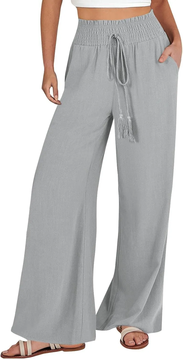 Womens Linen Summer Split Flowy Palazzo Lounge Pants Elastic Waist Bootcut Loose Fit Palazzo Pants Work Business