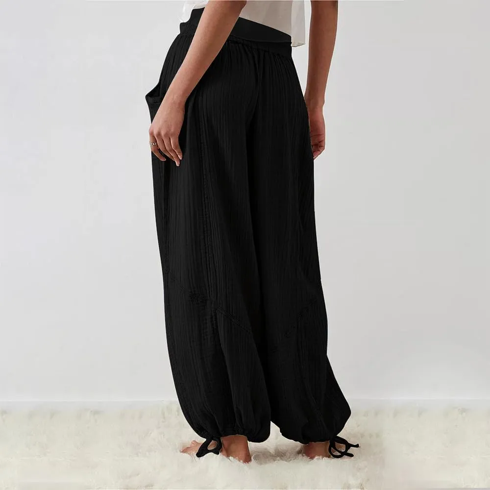 Women's Loose Fitting Palazzo Pants Pleated Drawstring Elastic Waist Solid Color with Pockets Relax Pants