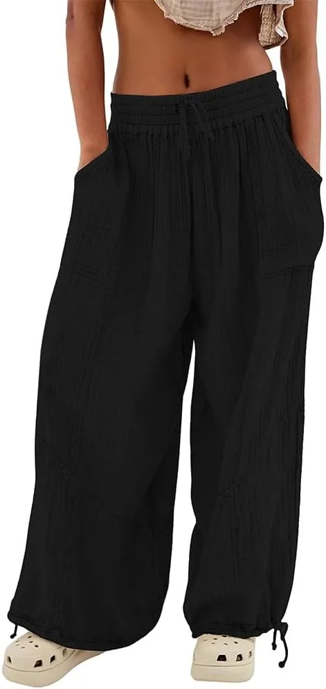 Women's Loose Fitting Palazzo Pants Pleated Drawstring Elastic Waist Solid Color with Pockets Relax Pants