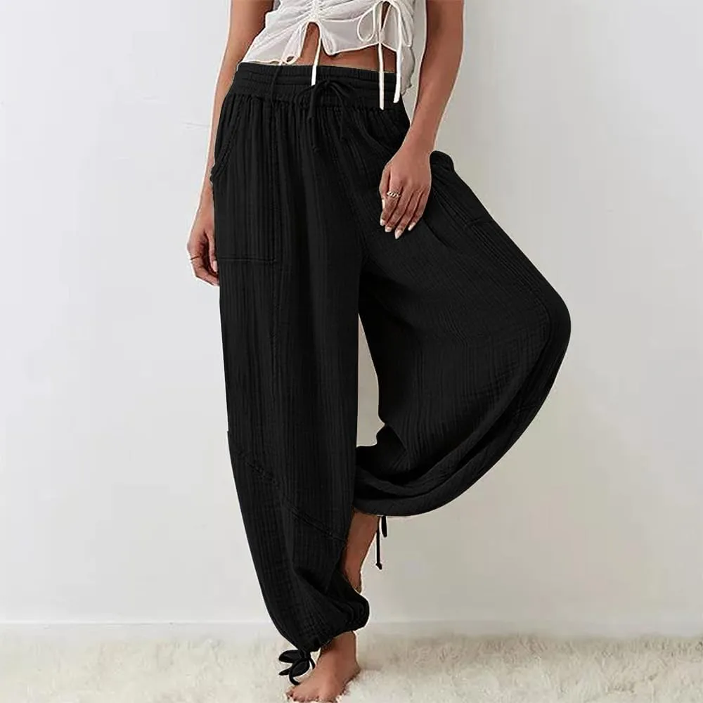 Women's Loose Fitting Palazzo Pants Pleated Drawstring Elastic Waist Solid Color with Pockets Relax Pants