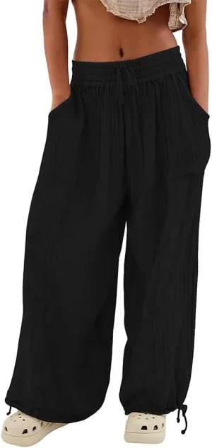 Women's Loose Fitting Palazzo Pants Pleated Drawstring Elastic Waist Solid Color with Pockets Relax Pants