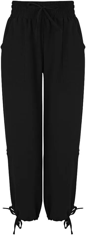 Women's Loose Fitting Palazzo Pants Pleated Drawstring Elastic Waist Solid Color with Pockets Relax Pants