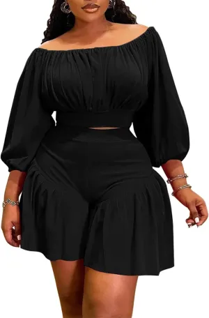 Women's Plus Size 2 Piece Outfits Off Shoulder Long Lantern Sleeve Crop Top and Ruffle Shorts Set