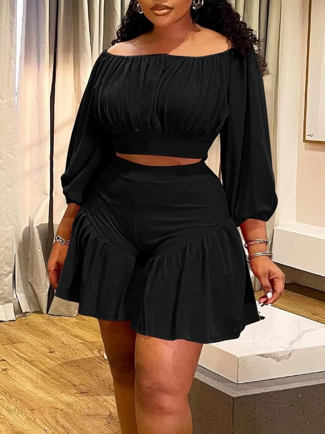Women's Plus Size 2 Piece Outfits Off Shoulder Long Lantern Sleeve Crop Top and Ruffle Shorts Set