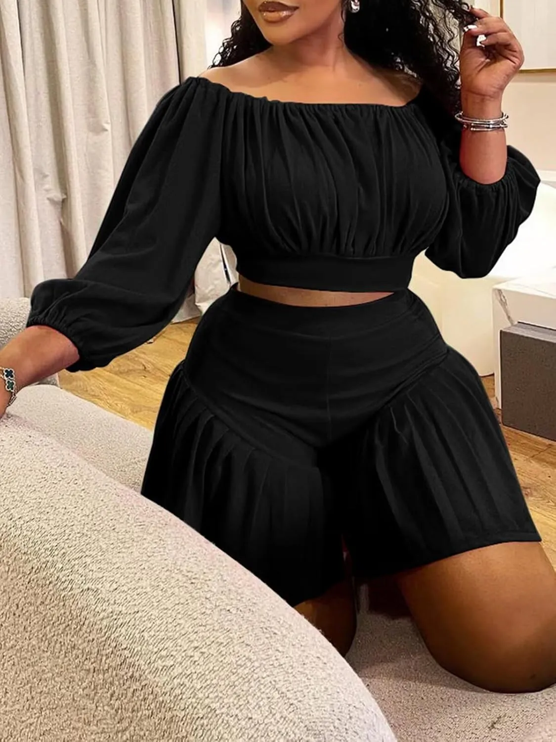 Women's Plus Size 2 Piece Outfits Off Shoulder Long Lantern Sleeve Crop Top and Ruffle Shorts Set