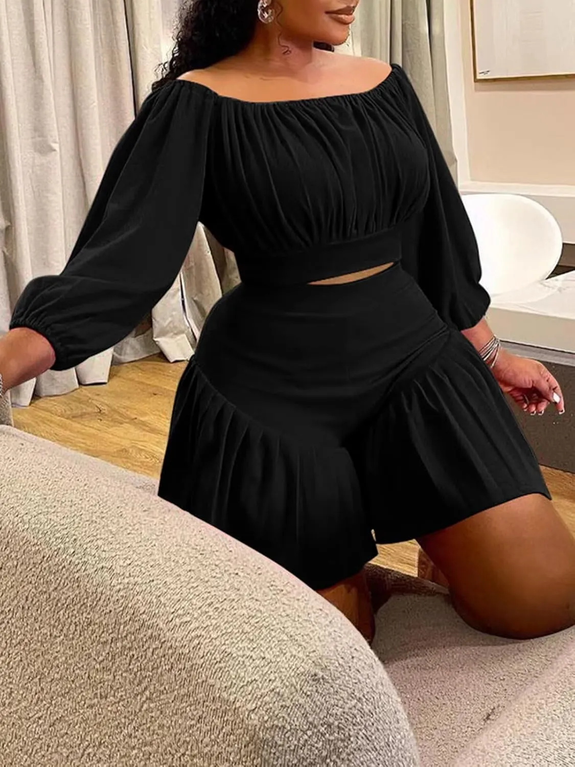Women's Plus Size 2 Piece Outfits Off Shoulder Long Lantern Sleeve Crop Top and Ruffle Shorts Set