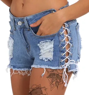 Women's Ripped Hole Denim Shorts Side Straps Sexy Mini Hot Pants