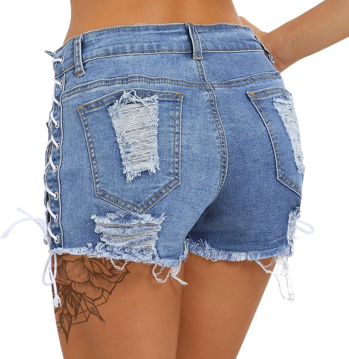 Women's Ripped Hole Denim Shorts Side Straps Sexy Mini Hot Pants