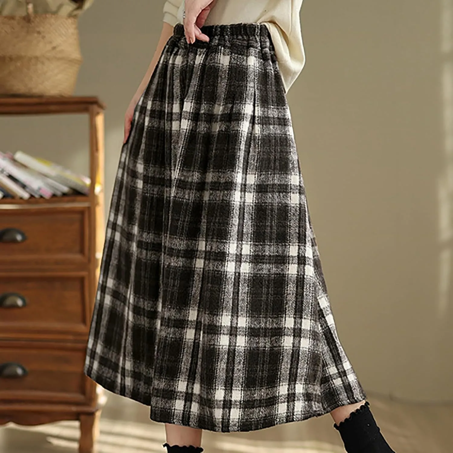 Womens Ruffle Maxi Skirts High-Waist Elastic Pleated Long Skirt Summer Casual Boho Flowy Skirts Plaid Dress