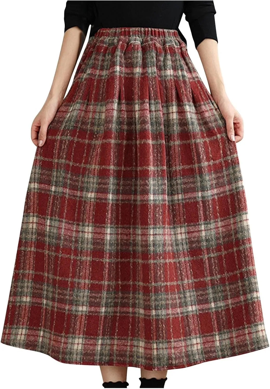 Womens Ruffle Maxi Skirts High-Waist Elastic Pleated Long Skirt Summer Casual Boho Flowy Skirts Plaid Dress
