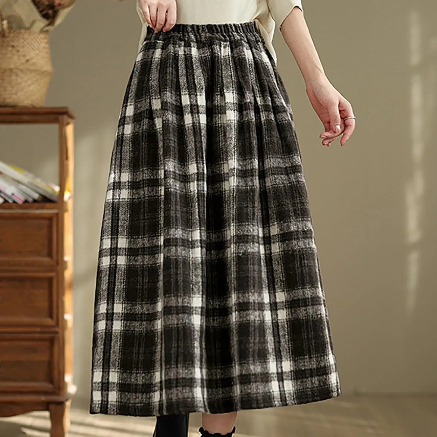 Womens Ruffle Maxi Skirts High-Waist Elastic Pleated Long Skirt Summer Casual Boho Flowy Skirts Plaid Dress