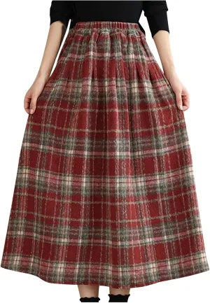 Womens Ruffle Maxi Skirts High-Waist Elastic Pleated Long Skirt Summer Casual Boho Flowy Skirts Plaid Dress