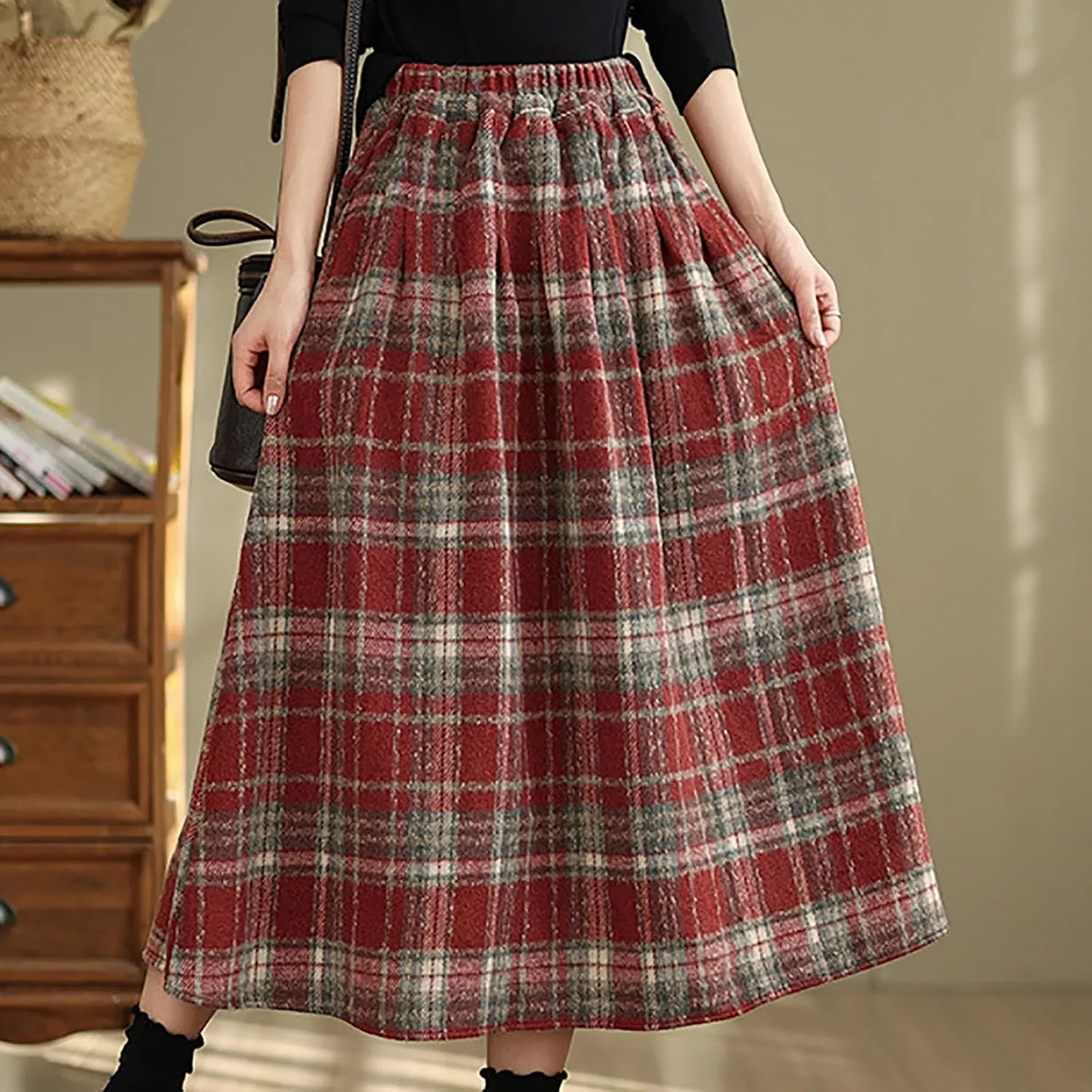 Womens Ruffle Maxi Skirts High-Waist Elastic Pleated Long Skirt Summer Casual Boho Flowy Skirts Plaid Dress