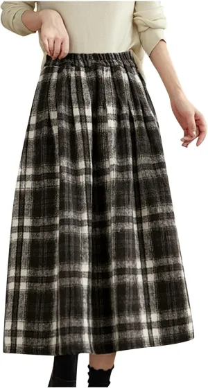 Womens Ruffle Maxi Skirts High-Waist Elastic Pleated Long Skirt Summer Casual Boho Flowy Skirts Plaid Dress