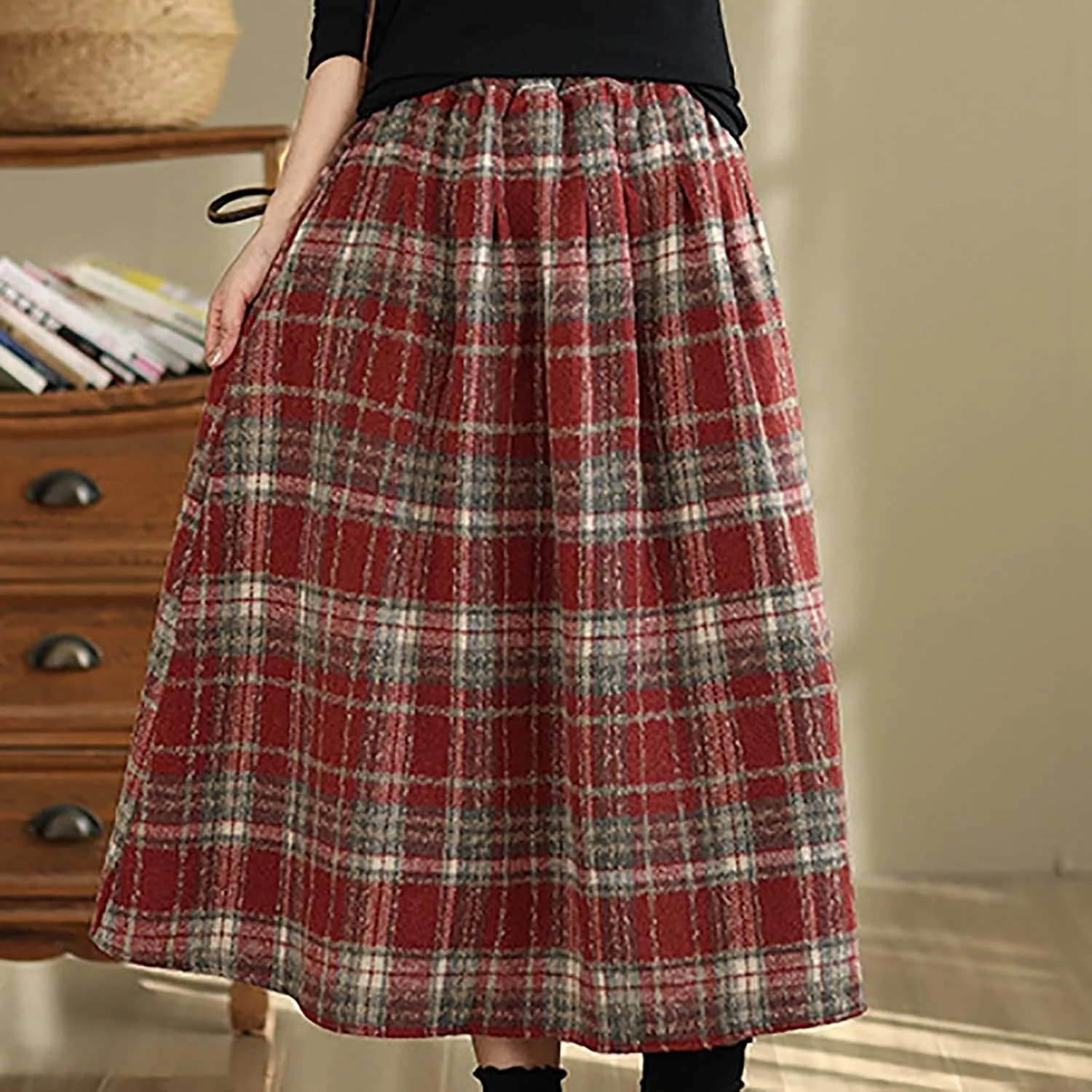 Womens Ruffle Maxi Skirts High-Waist Elastic Pleated Long Skirt Summer Casual Boho Flowy Skirts Plaid Dress