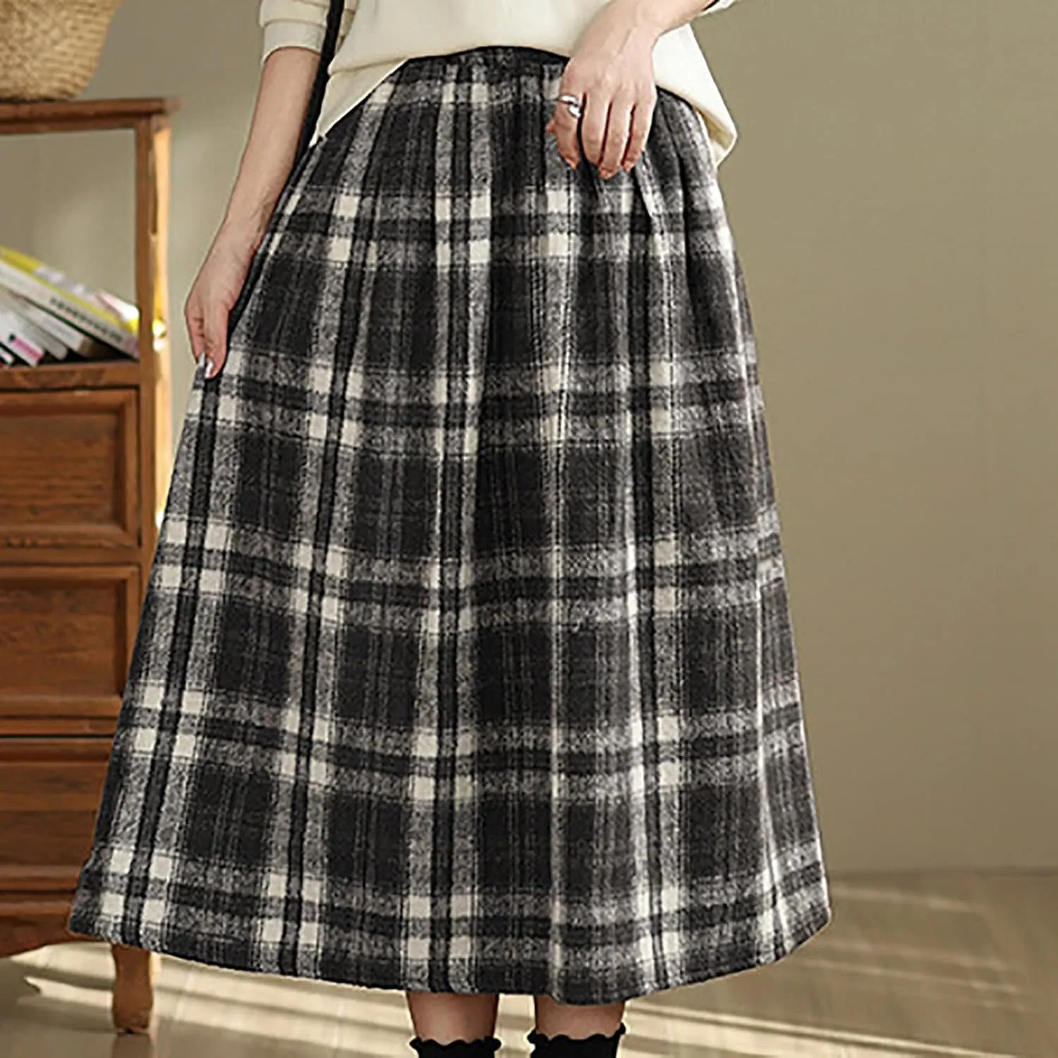 Womens Ruffle Maxi Skirts High-Waist Elastic Pleated Long Skirt Summer Casual Boho Flowy Skirts Plaid Dress