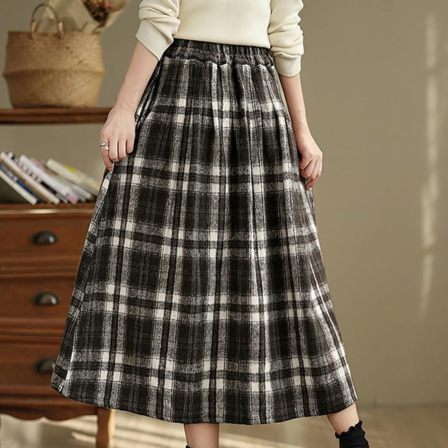 Womens Ruffle Maxi Skirts High-Waist Elastic Pleated Long Skirt Summer Casual Boho Flowy Skirts Plaid Dress