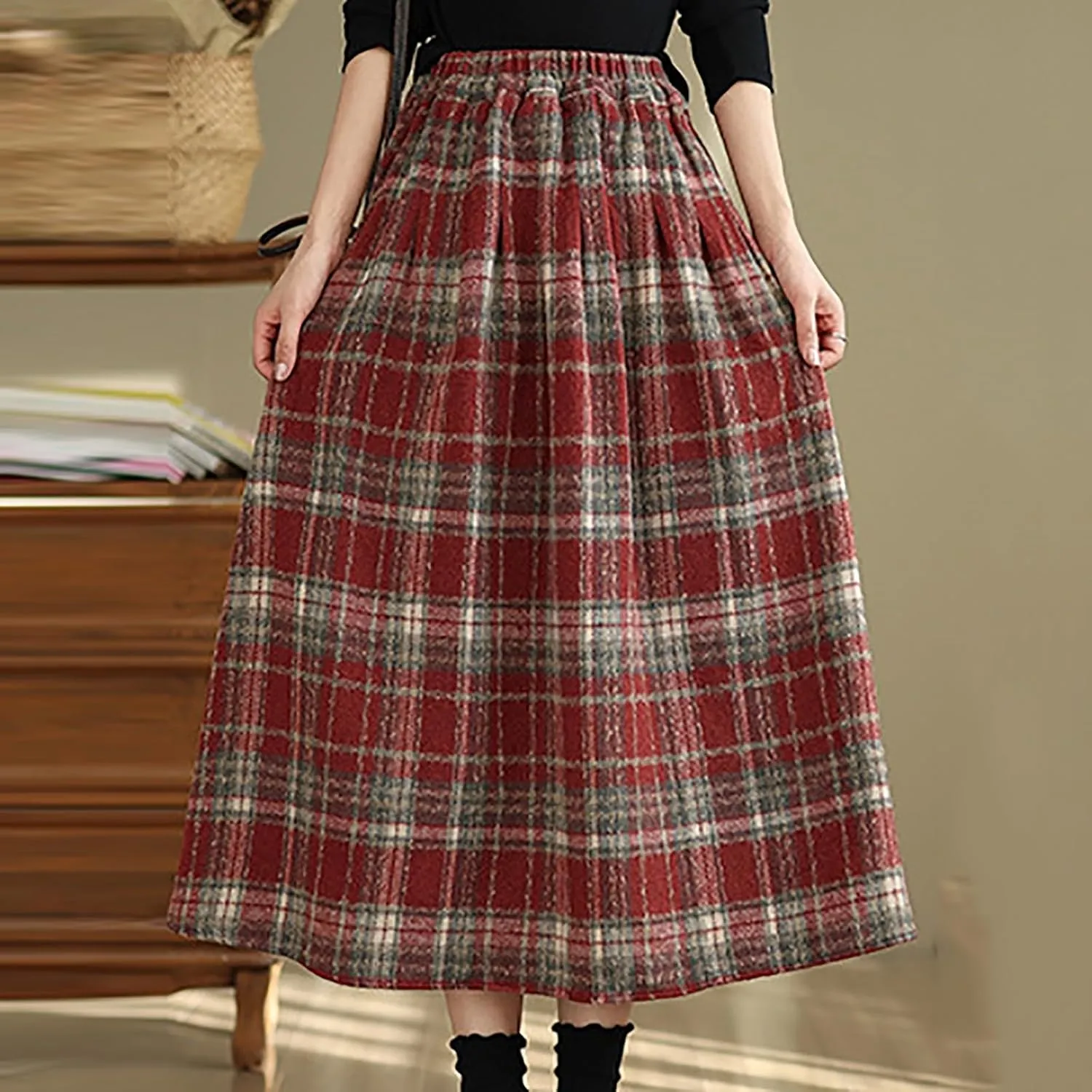 Womens Ruffle Maxi Skirts High-Waist Elastic Pleated Long Skirt Summer Casual Boho Flowy Skirts Plaid Dress