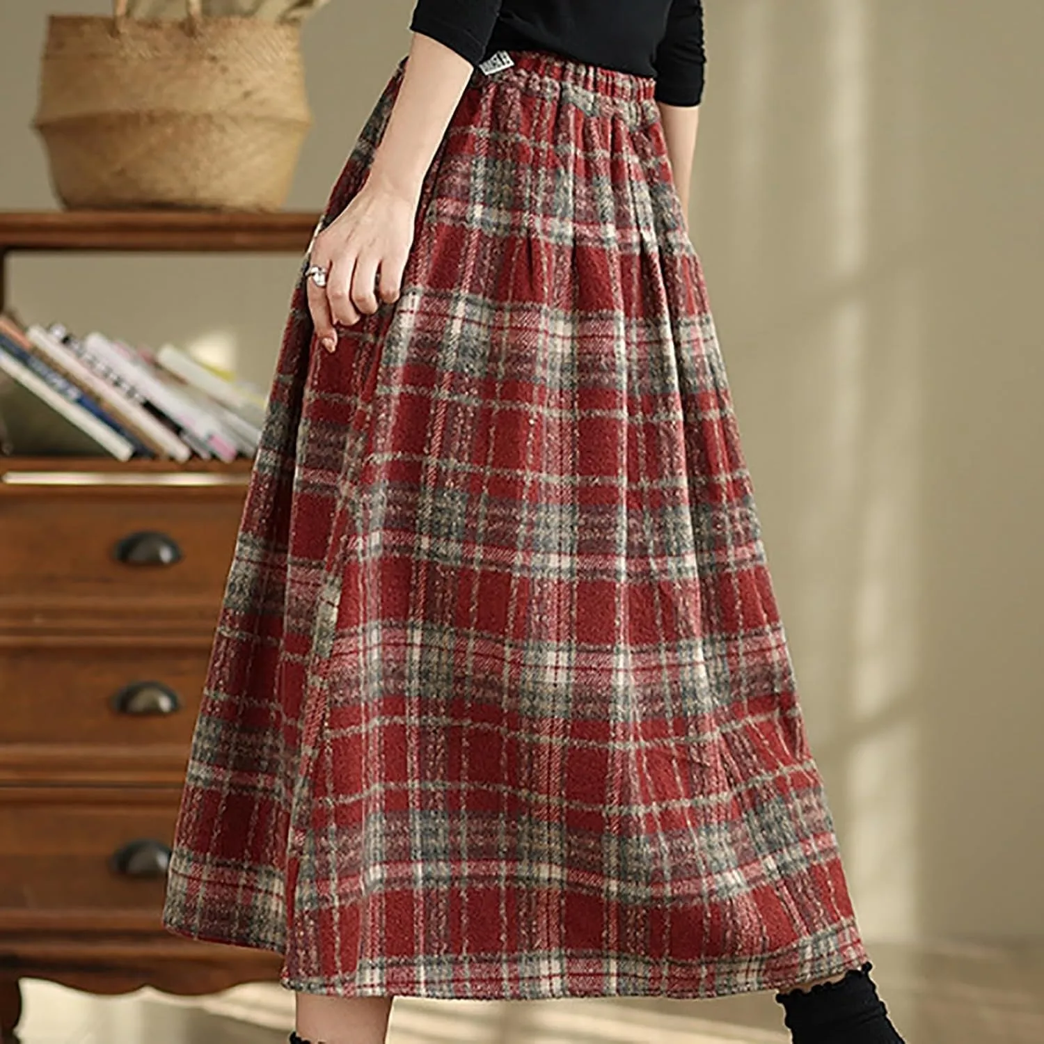 Womens Ruffle Maxi Skirts High-Waist Elastic Pleated Long Skirt Summer Casual Boho Flowy Skirts Plaid Dress
