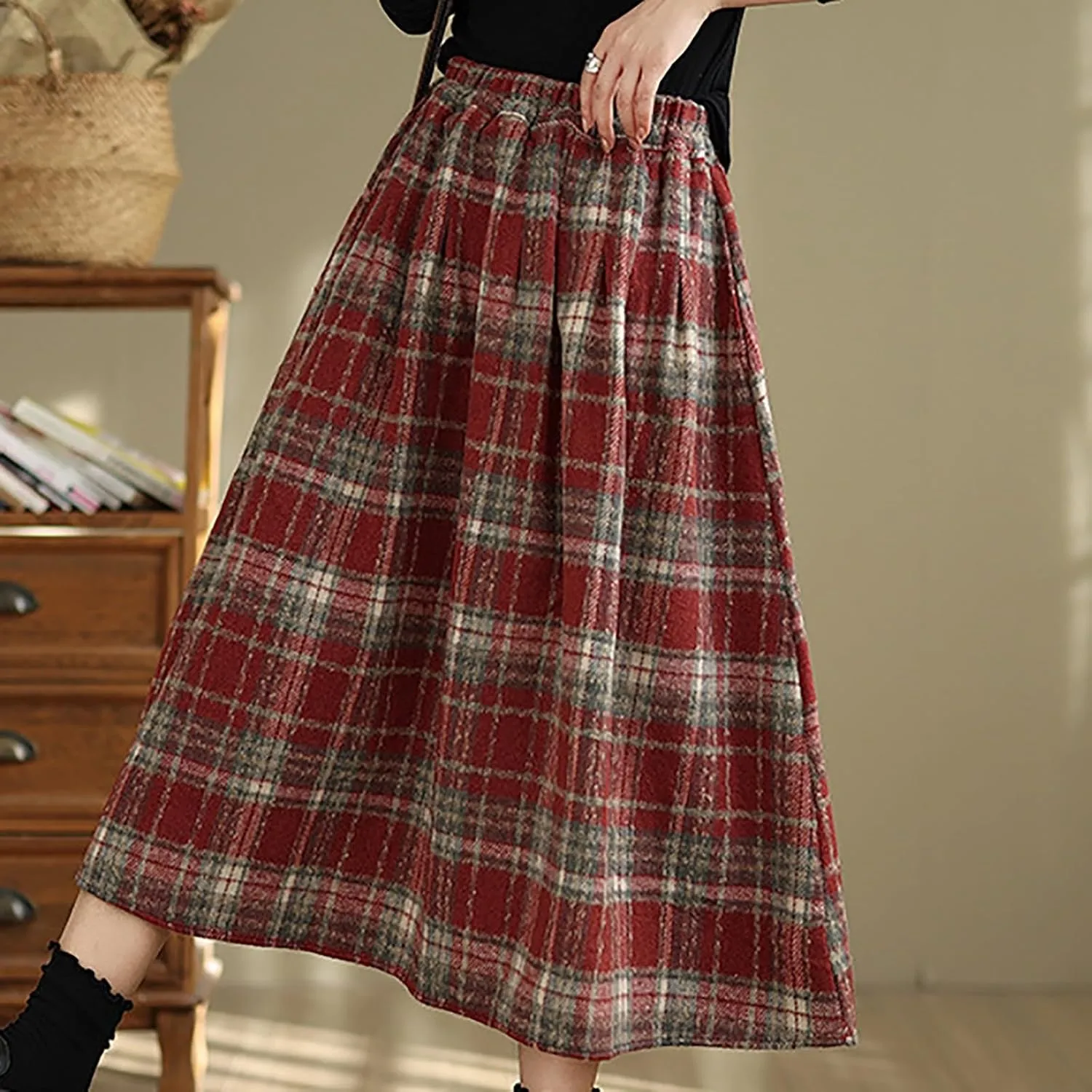 Womens Ruffle Maxi Skirts High-Waist Elastic Pleated Long Skirt Summer Casual Boho Flowy Skirts Plaid Dress