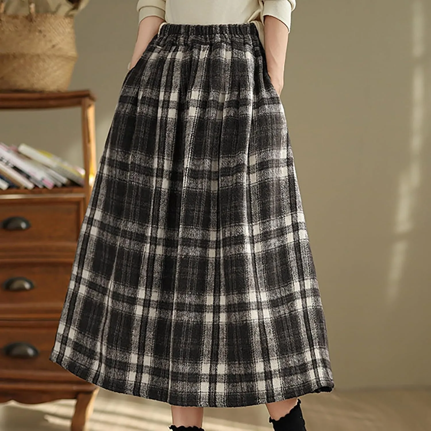 Womens Ruffle Maxi Skirts High-Waist Elastic Pleated Long Skirt Summer Casual Boho Flowy Skirts Plaid Dress
