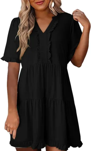 Women's Ruffle Short Sleeve V-Neck Layered Swing Dress Casual A Line Flowy Mini Dresses Tiered Babydoll Sundress