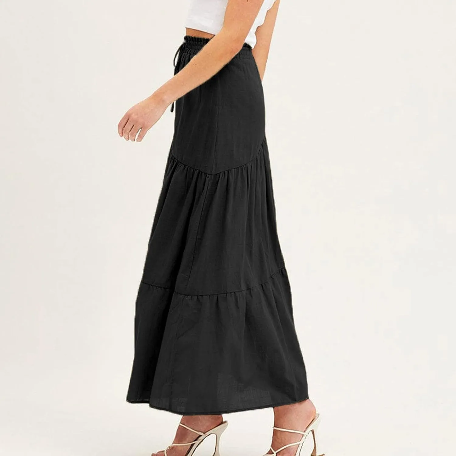Women's Solid Color Maxi Skirt Summer Casual Cotton Linen Front Slit Long Skirt Button Up Beach Skirts