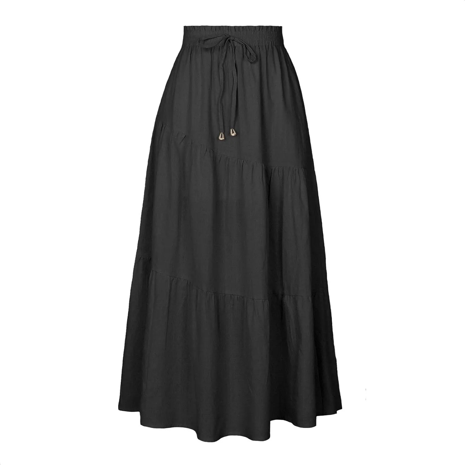 Women's Solid Color Maxi Skirt Summer Casual Cotton Linen Front Slit Long Skirt Button Up Beach Skirts