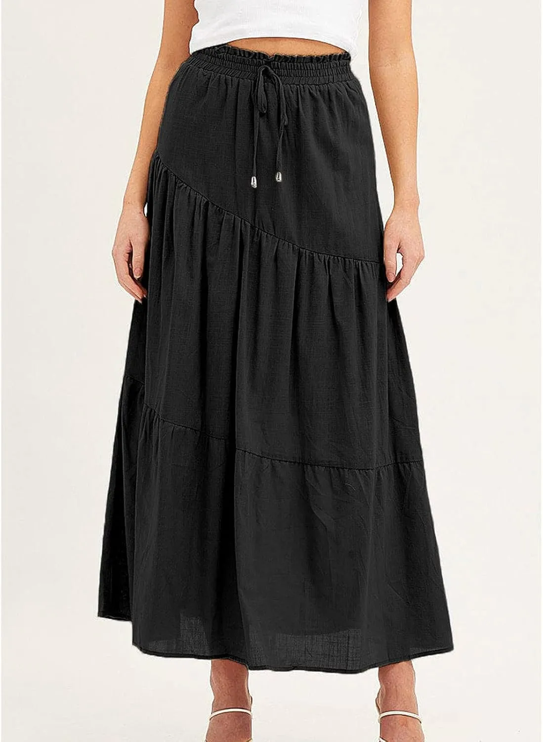 Women's Solid Color Maxi Skirt Summer Casual Cotton Linen Front Slit Long Skirt Button Up Beach Skirts