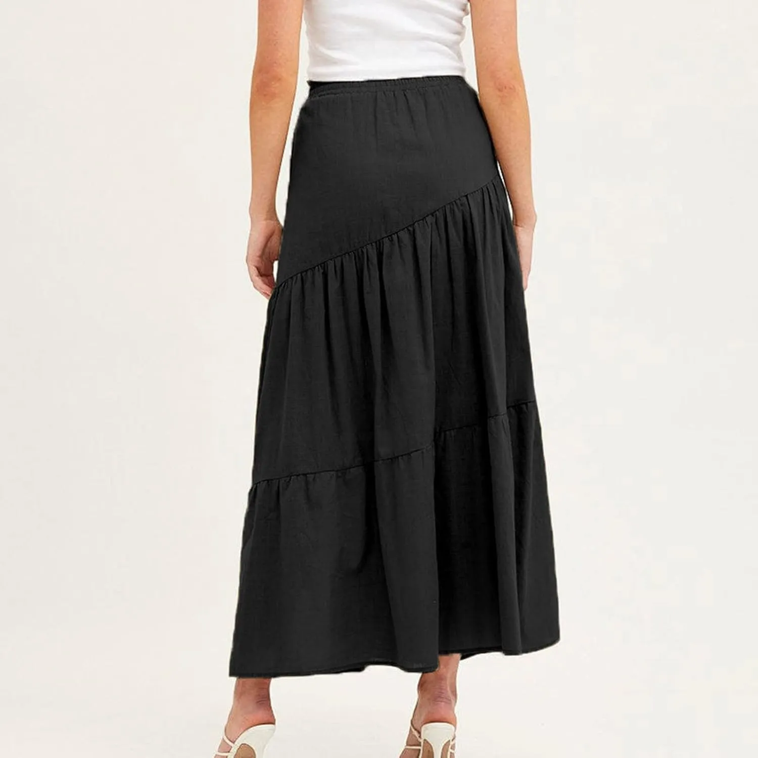 Women's Solid Color Maxi Skirt Summer Casual Cotton Linen Front Slit Long Skirt Button Up Beach Skirts
