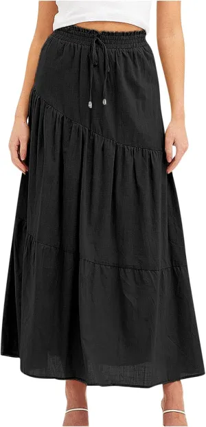 Women's Solid Color Maxi Skirt Summer Casual Cotton Linen Front Slit Long Skirt Button Up Beach Skirts