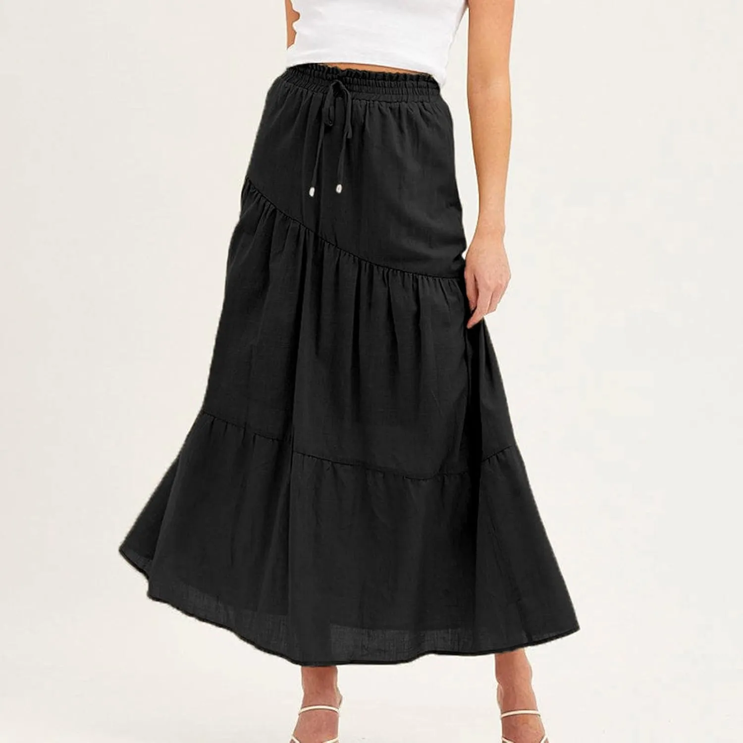 Women's Solid Color Maxi Skirt Summer Casual Cotton Linen Front Slit Long Skirt Button Up Beach Skirts
