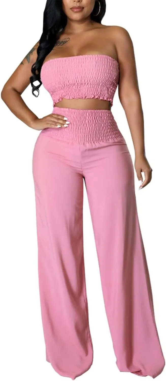Womens Summer Outfits Crop Tops and Pants Sets Sexy Vacation Jumpsuits 2 Piece Sets with Pockets
