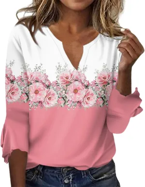 Women's Summer Tops Floral Print V Neck Basic Tees Bell 3/4 Sleeve Loose Casual Tunic Tops Summer Baggy Work Tops