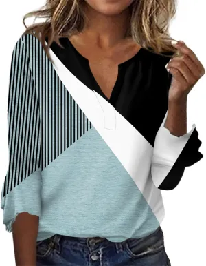 Women's Summer Tops Floral Print V Neck Basic Tees Bell 3/4 Sleeve Loose Casual Tunic Tops Summer Baggy Work Tops